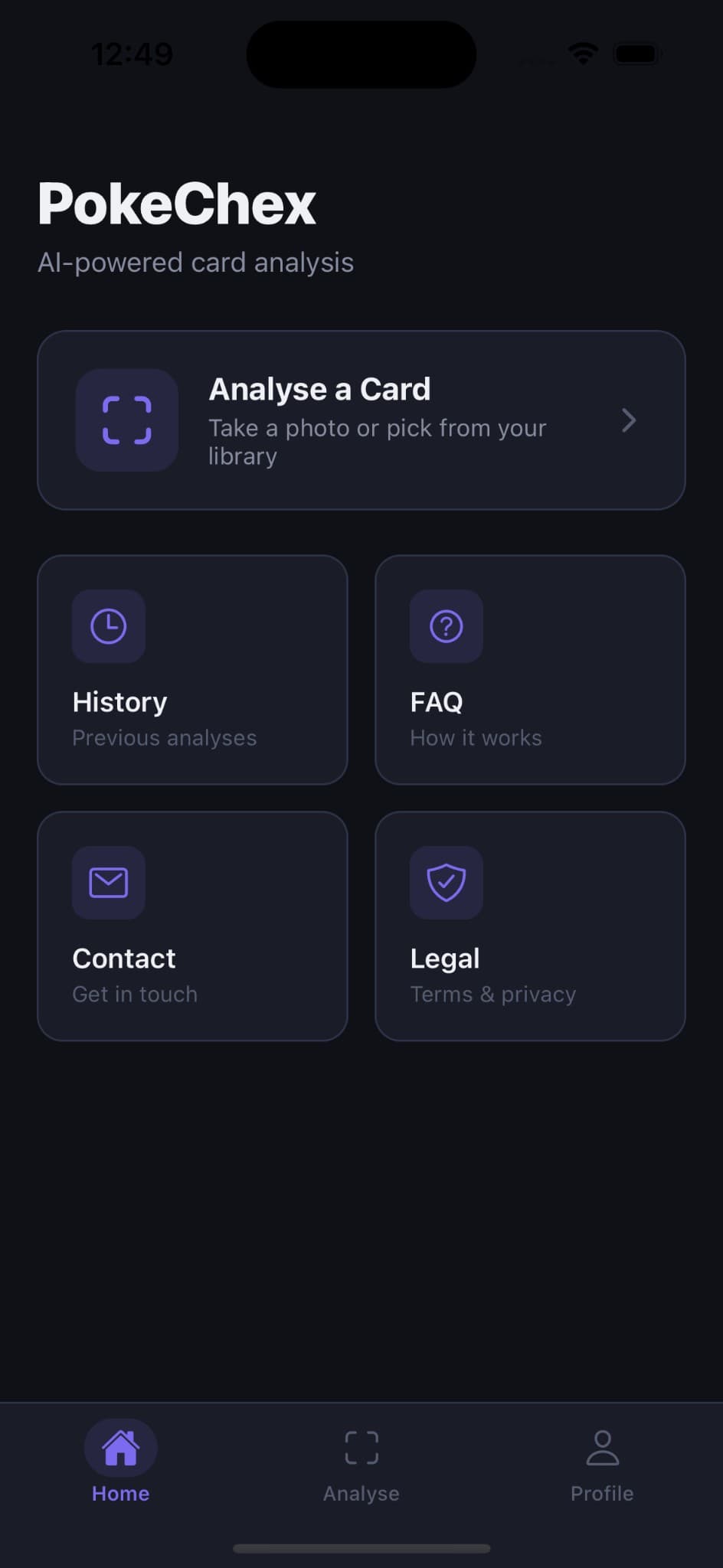 PokeChex alpha home screen showing analyse, history, FAQ, contact, and legal cards.
