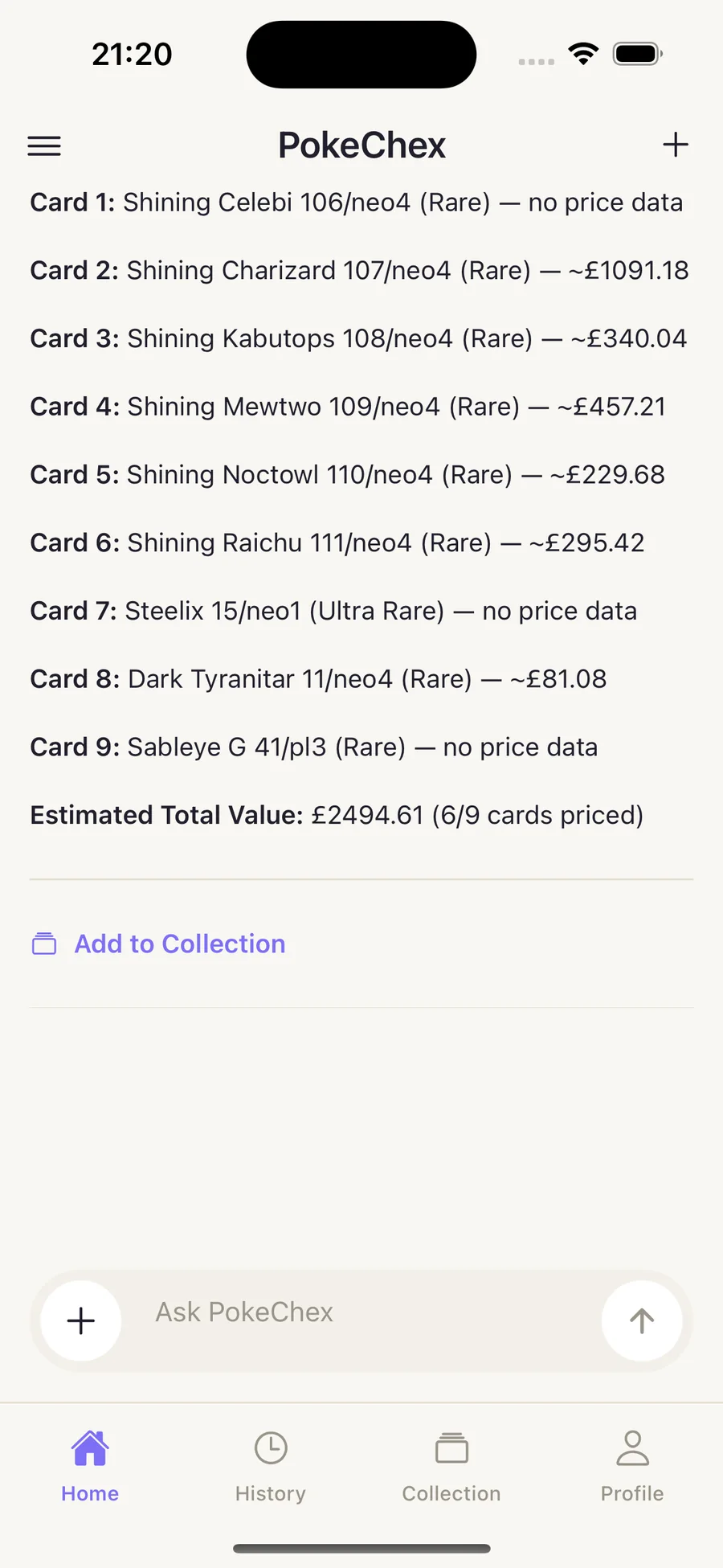 PokeChex card-by-card report with estimated total value
