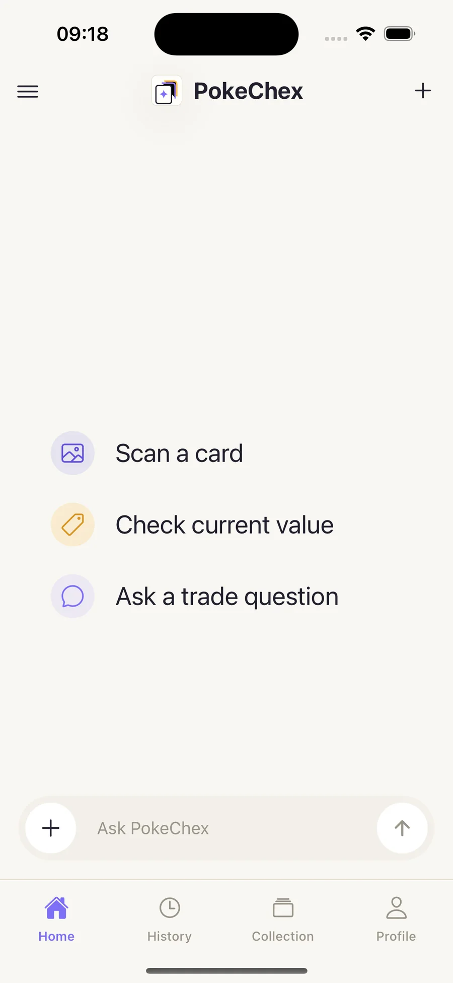 PokeChex home screen showing scan, value check, and trade question actions