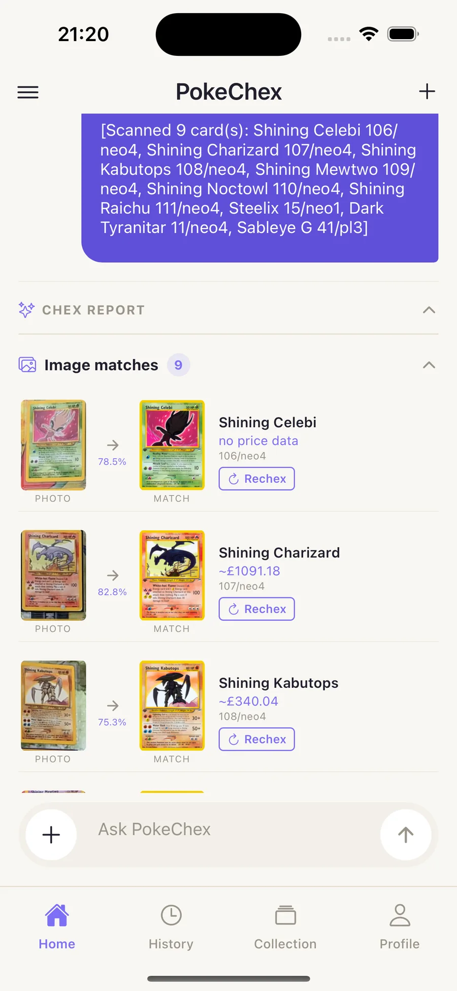 PokeChex image matches for a nine-card scan